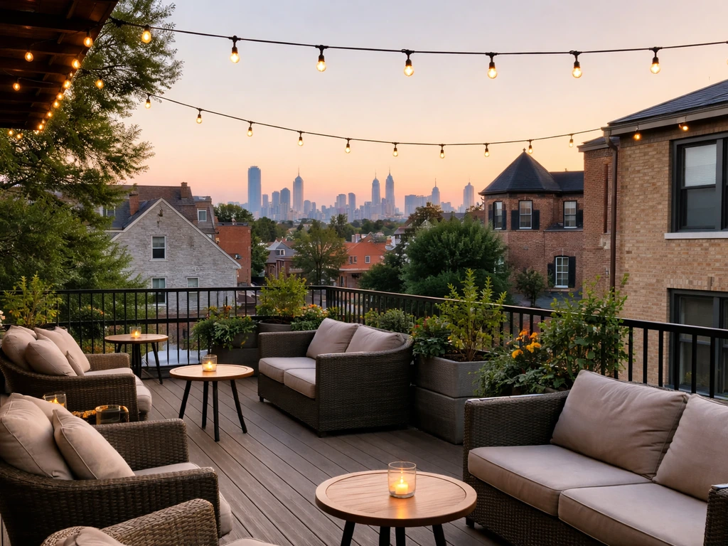 Golden-hour Lakeview patio with outdoor seating, glowing string lights, and a distant Chicago skyline.