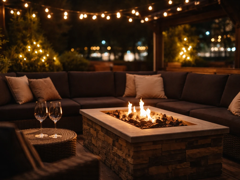 Cozy Lakeview patio with couch seating and a glowing fire pit at night, warm intimate vibe.
