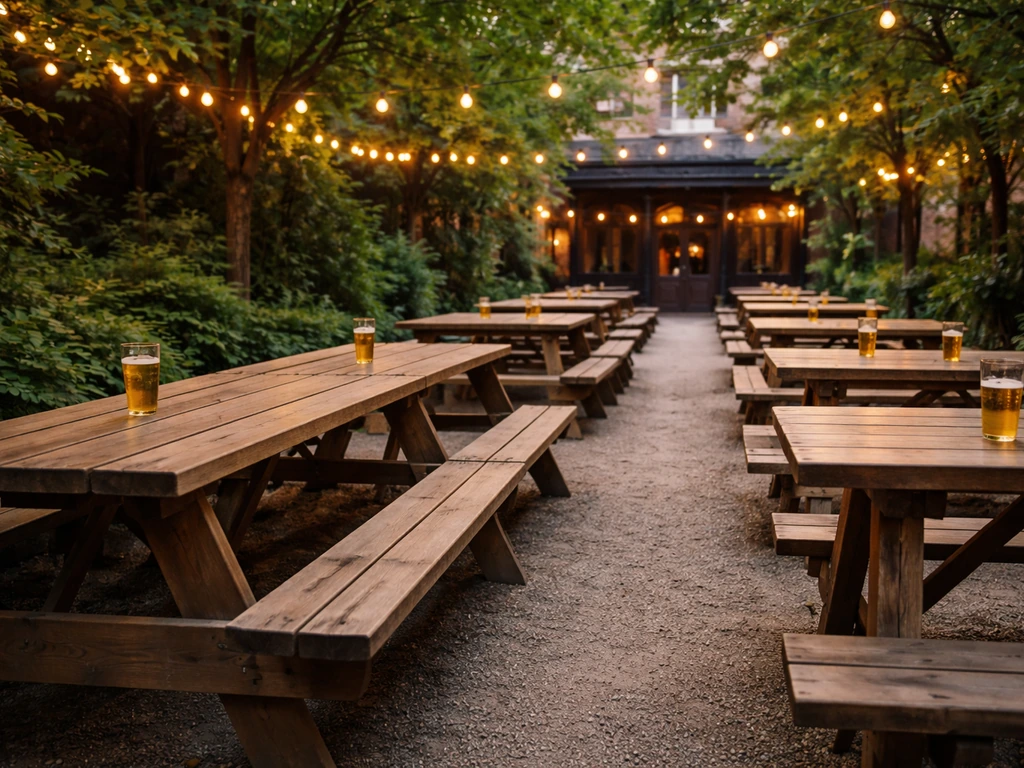 Casual beer-garden patio with large group seating, string lights, and an upbeat Chicago bar atmosphere