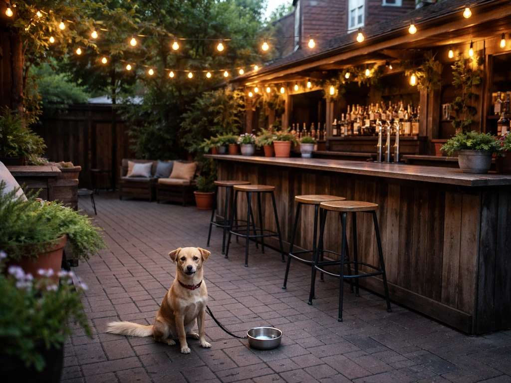 Dog-friendly patio bar at Cody’s Public House with warm lights and a small dog on leash