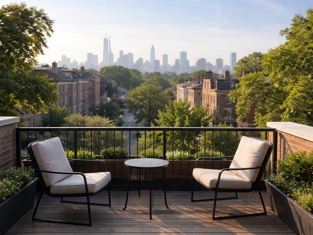 Street-level view of a quiet patio with chairs, looking toward a bright skyline and open sky.