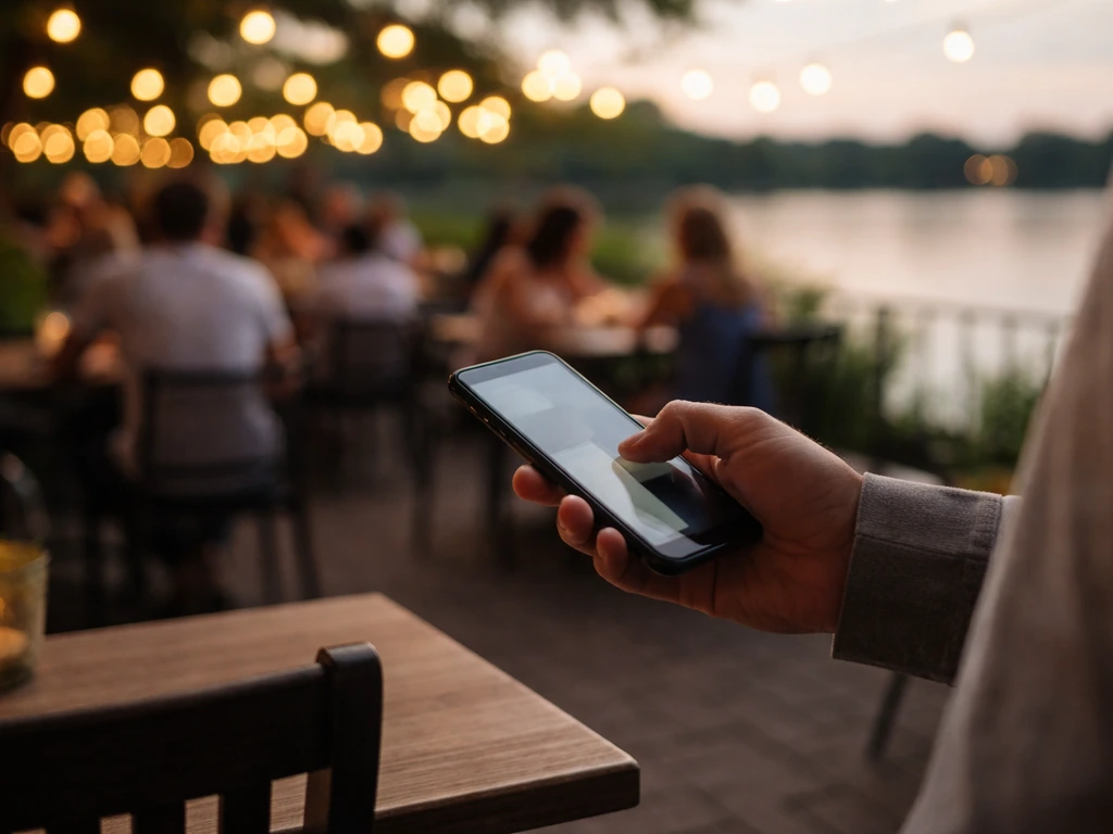 Hand holding a phone while a Lakeview evening patio with bustling diners glows in the background.