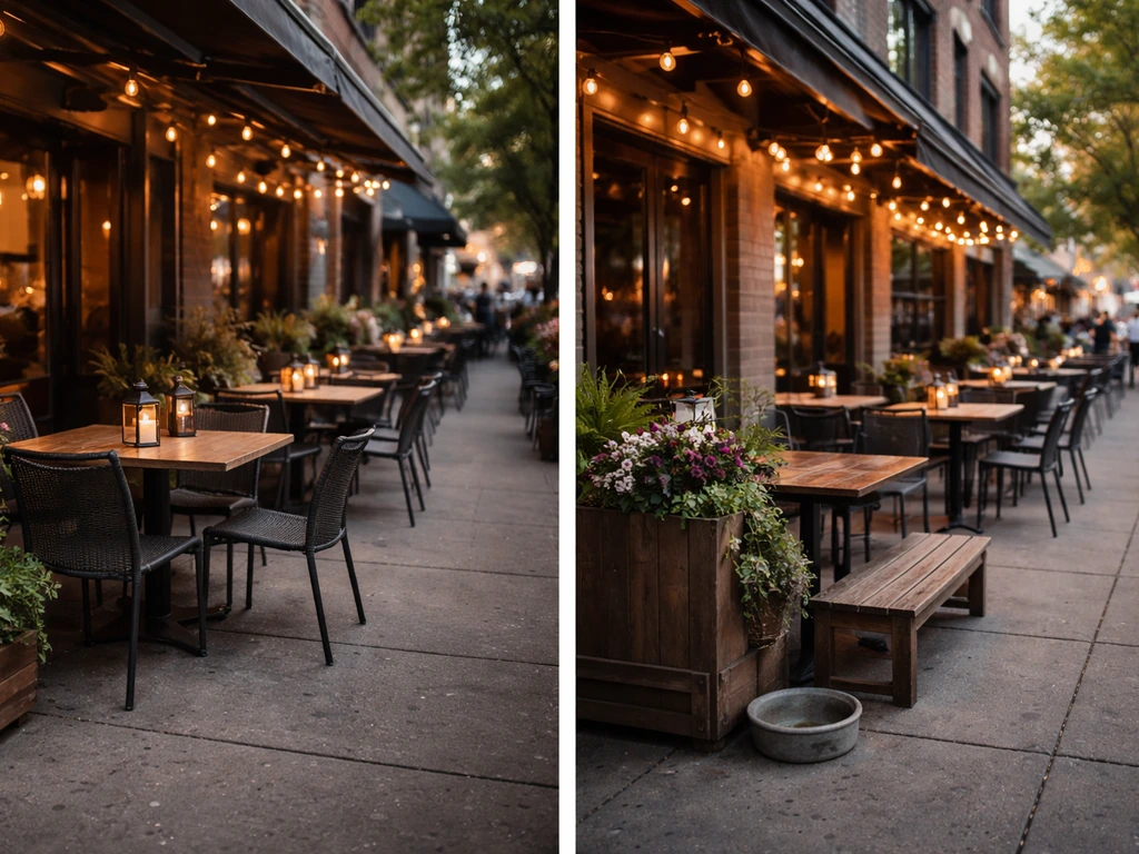 Side-by-side view of two downtown Boise restaurant patios with outdoor seating and warm street ambiance.
