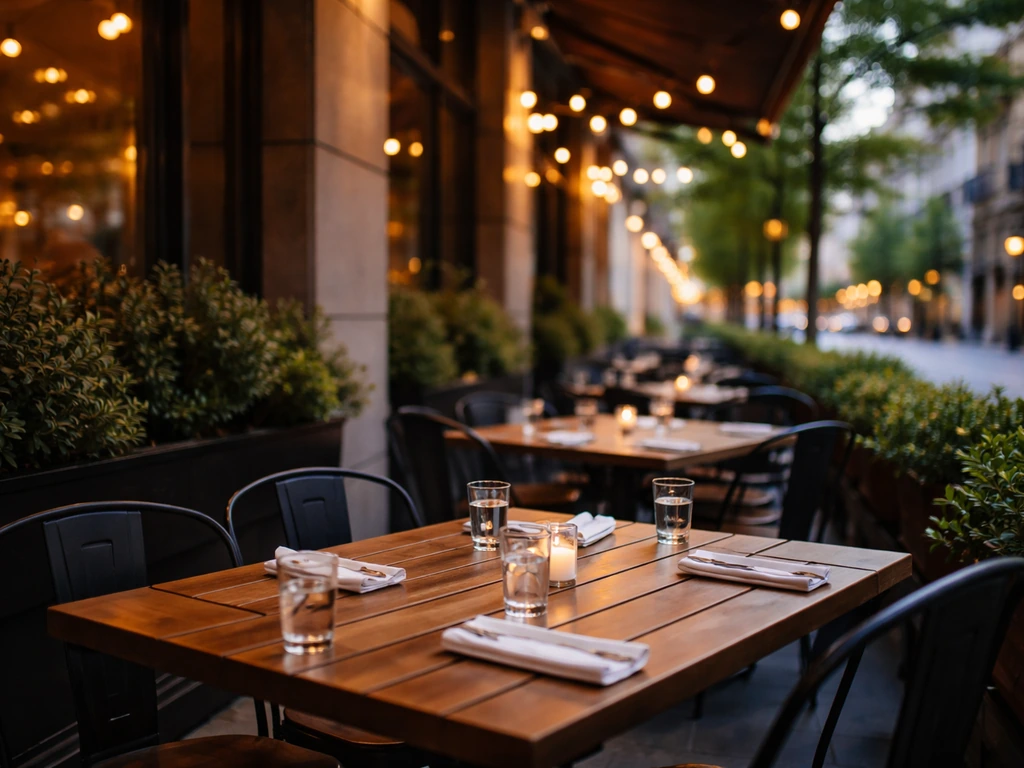 Polished downtown restaurant patio with outdoor tables and chairs on 8th Street ambience