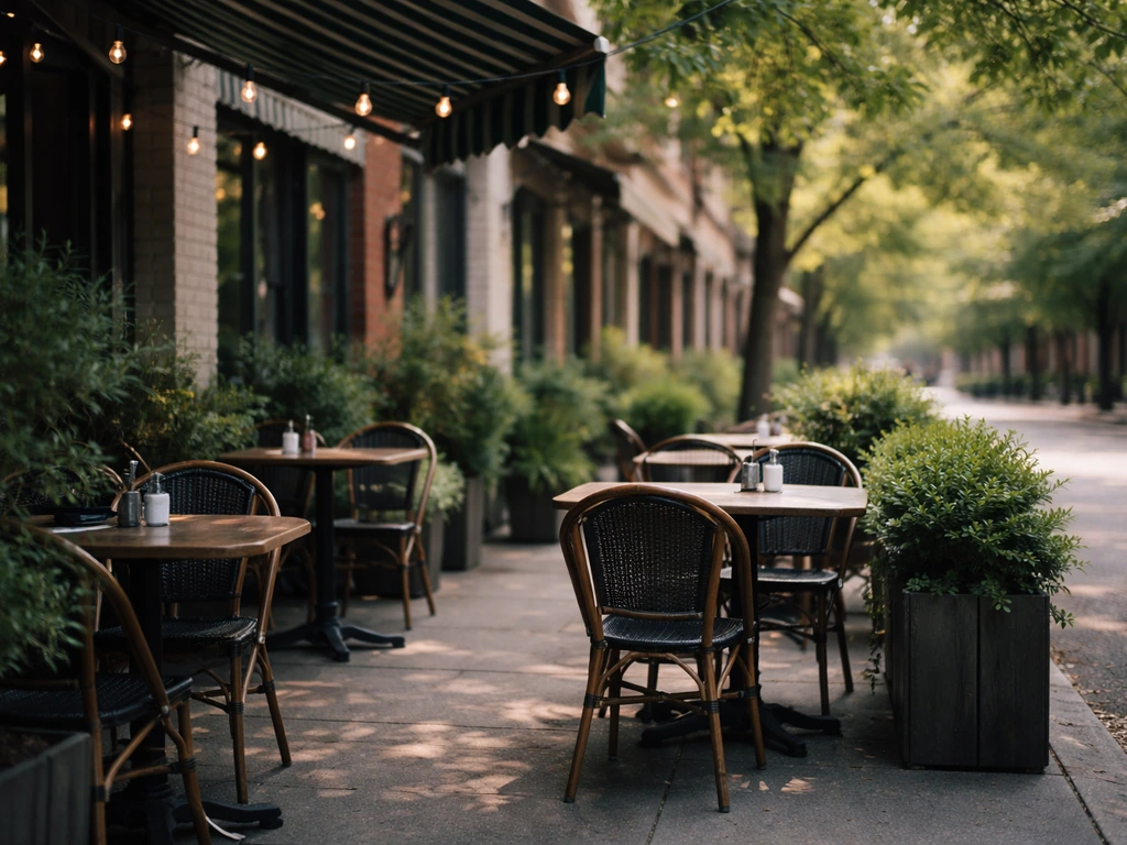 Shaded patio with empty tables and chairs, greenery planters, and calm downtown-calm atmosphere.