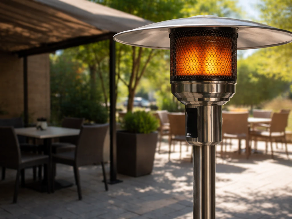 Close-up patio heater beside shaded outdoor seating with sunlit patio showing heat and contrast.