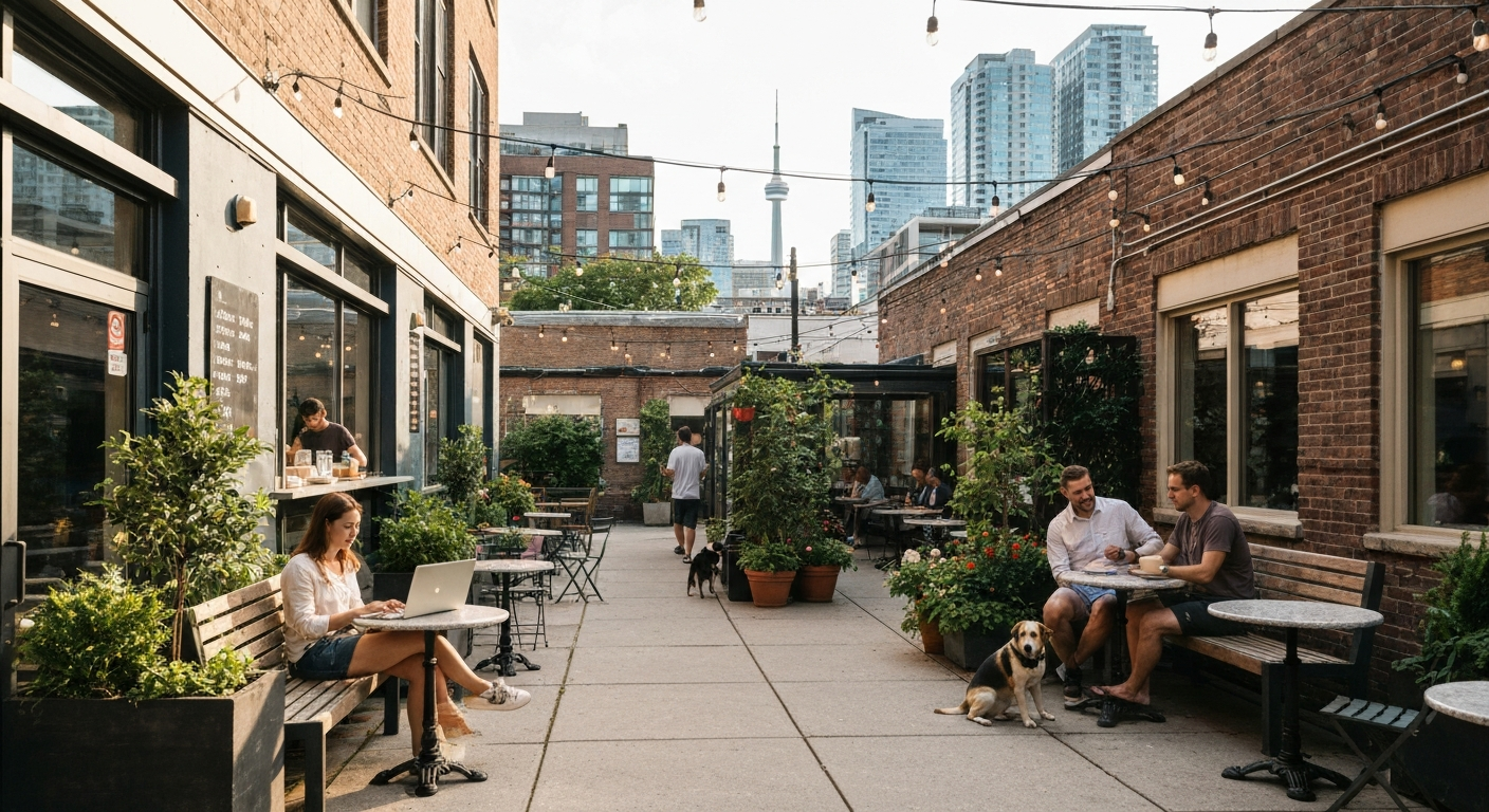 Sunny Toronto cafe patio with people working and chatting, greenery, and a city skyline in the distance.