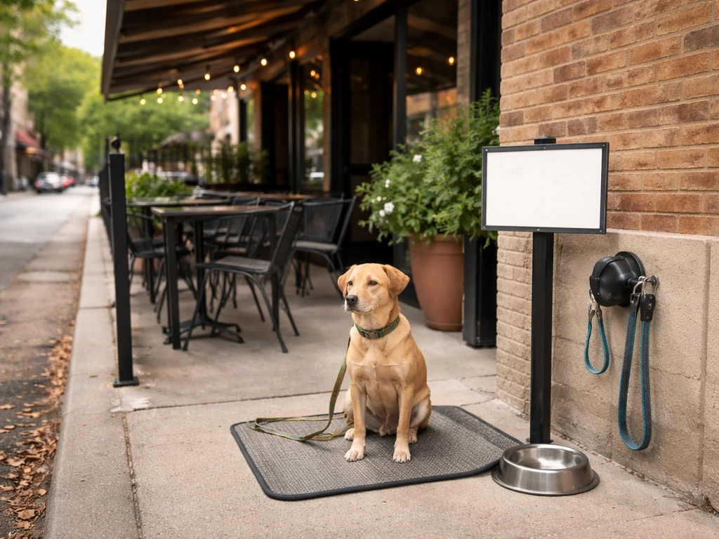 Leashed dog on a Chicago patio with water bowl and a visible rule sign indicating it’s dog-friendly