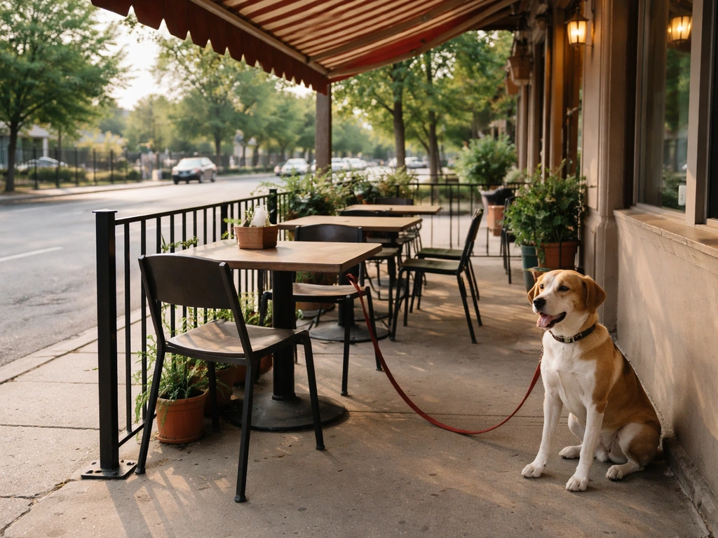Dog-friendly sidewalk patio with outdoor seating, sidewalk curb, and a leashed dog waiting beside a diner
