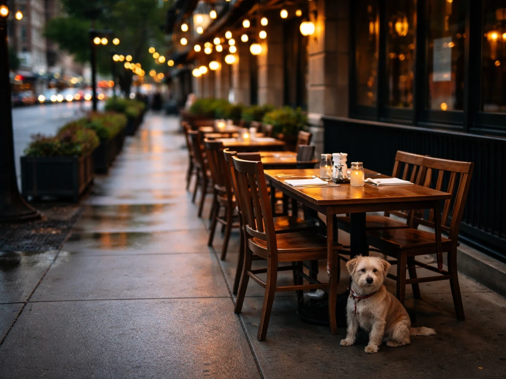 Dog-friendly outdoor dining patio at an Irish pub, with a leashed dog beside a sidewalk table.