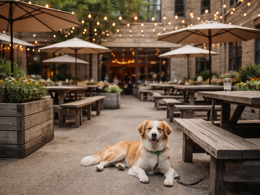 Expansive dog-friendly outdoor patio at Goose Island Brewpub in Chicago, with a relaxed dog on the seating area.