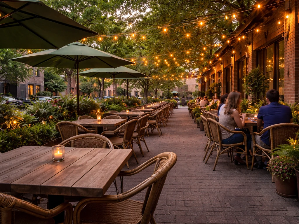 Warm-lit outdoor dining patio in Indianapolis with umbrellas, plants, and casually seated patrons