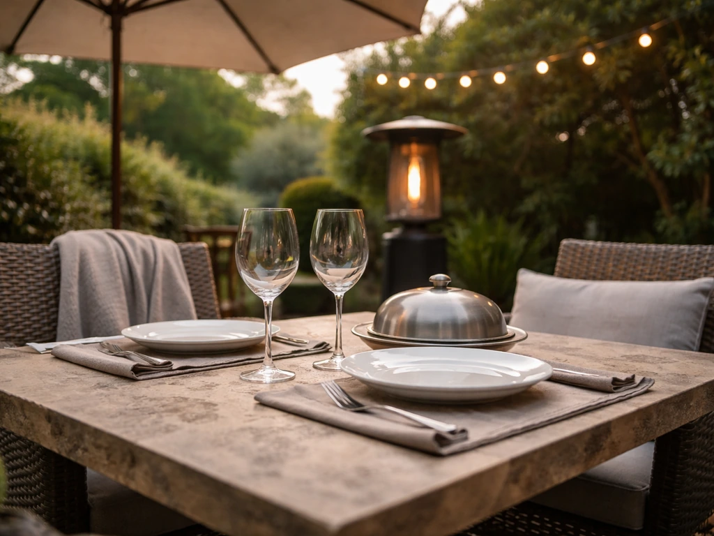Close-up of an outdoor patio table setup with neatly arranged seating and shade for an Indianapolis-style dinner.