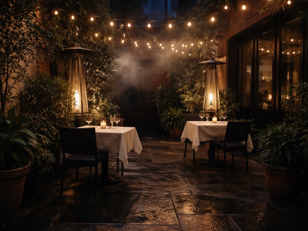 Cozy enclosed courtyard patio at Late Harvest Kitchen in Indianapolis at night, warm lights and intimate seating.