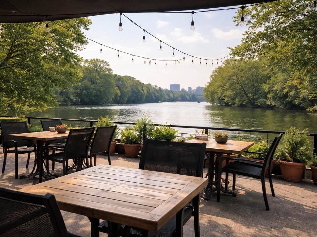 Casual outdoor dining patio with a view of calm water in Broad Ripple.