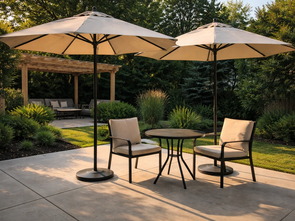 Shaded patio dining area with open table umbrellas and partial pergola coverage in summer sunlight.