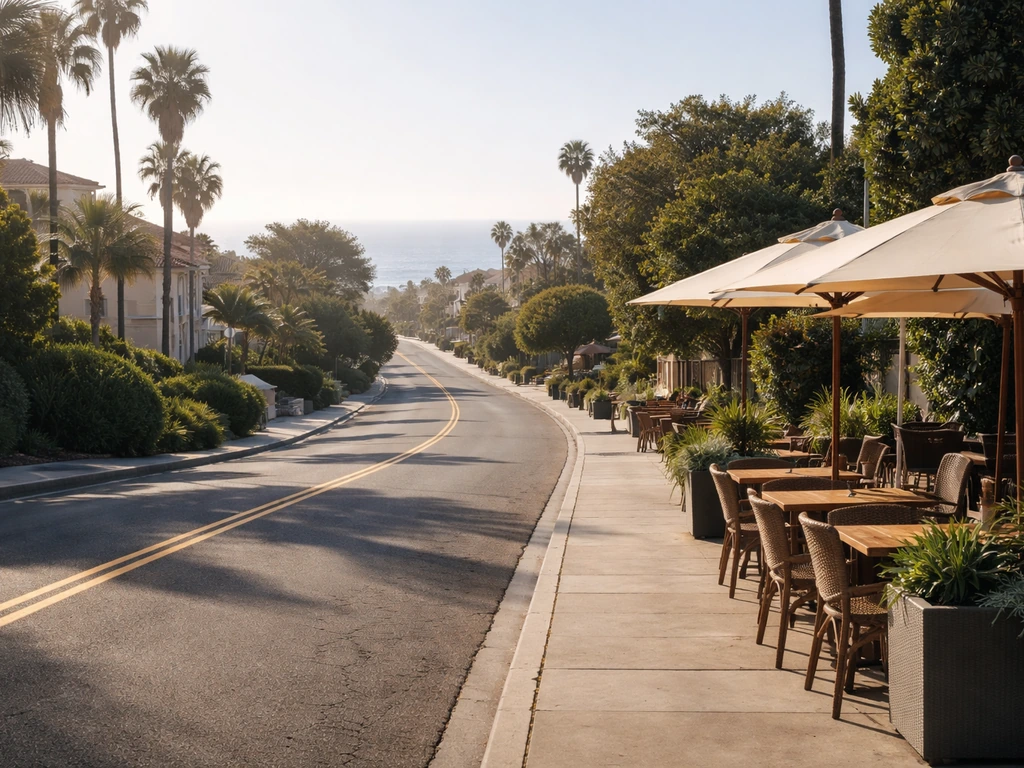Curving San Diego street with quiet patio umbrellas in the foreground and ocean haze in the distance.