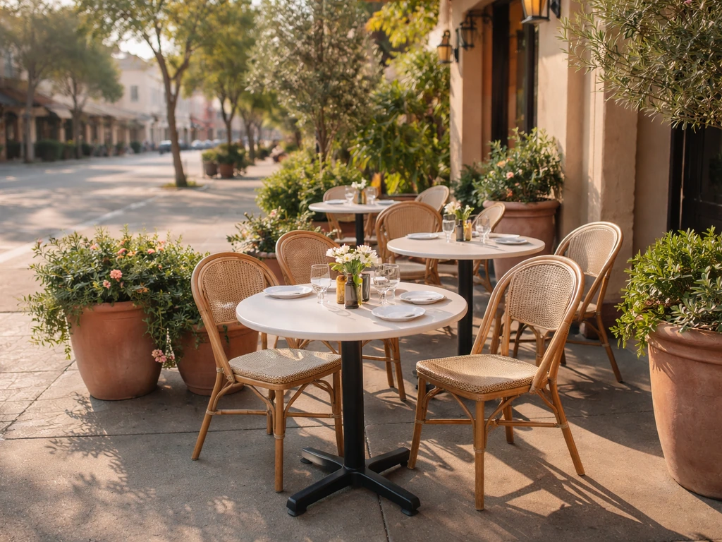 Sunlit outdoor patio seating in a pedestrian plaza in Little Italy, San Diego