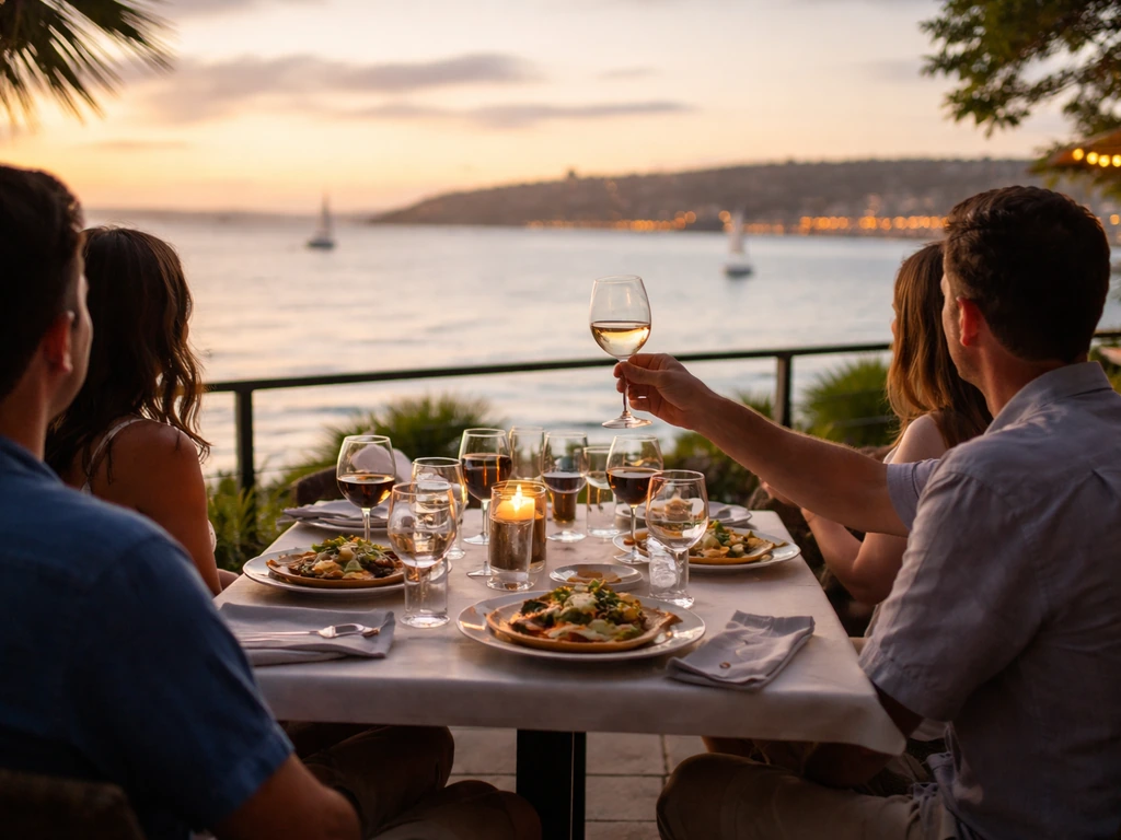 Visitors dining on a seaside patio with a wide bay and sailboats at sunset view.