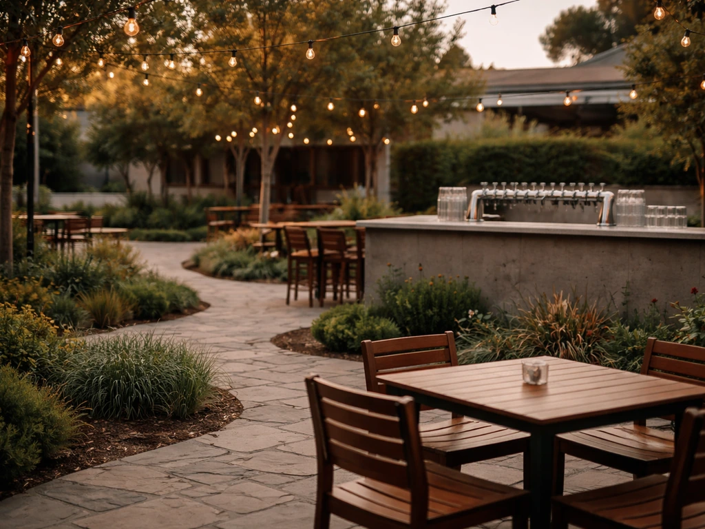 Outdoor craft brewery patio at Liberty Station with gardens, warm lights, and beer taps