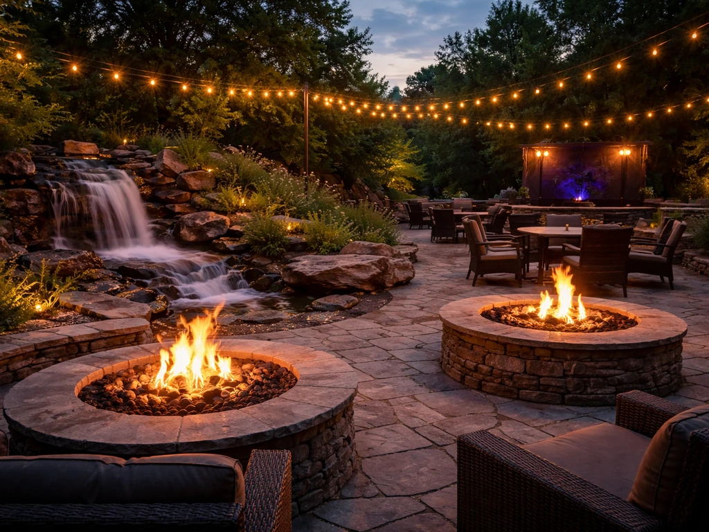 Outdoor patio with two glowing fire pits and a small waterfall at dusk, lively yet uncluttered setting