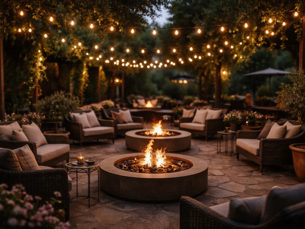 Evening wine garden patio with three glowing fire pits, warm string lights, and empty lounge seating.