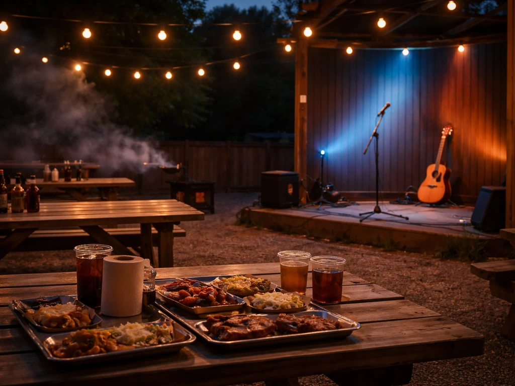 Evening view of a small patio beside a BBQ joint with blue stage lights and a live-music setup