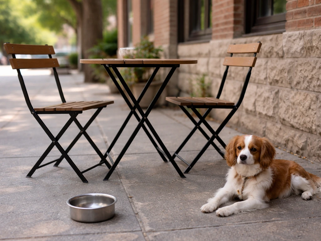 Small dog resting beside a water bowl on an outdoor patio with empty seating.