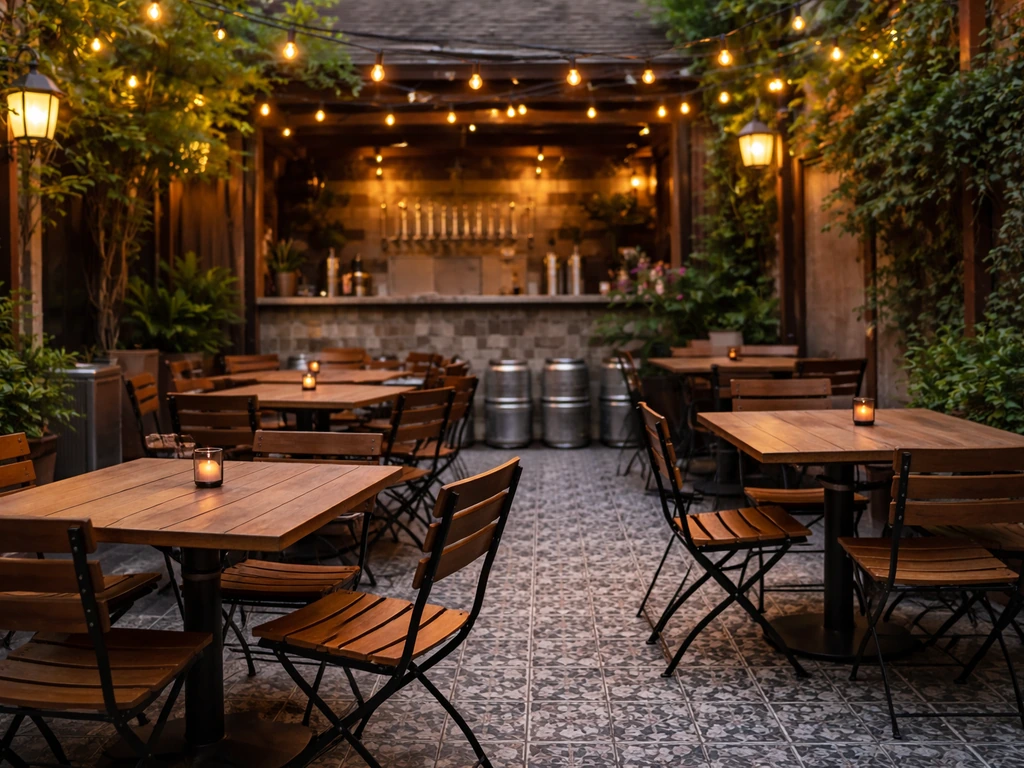 Empty craft beer patio with string lights and bar taps in the background, warm beer-garden atmosphere.