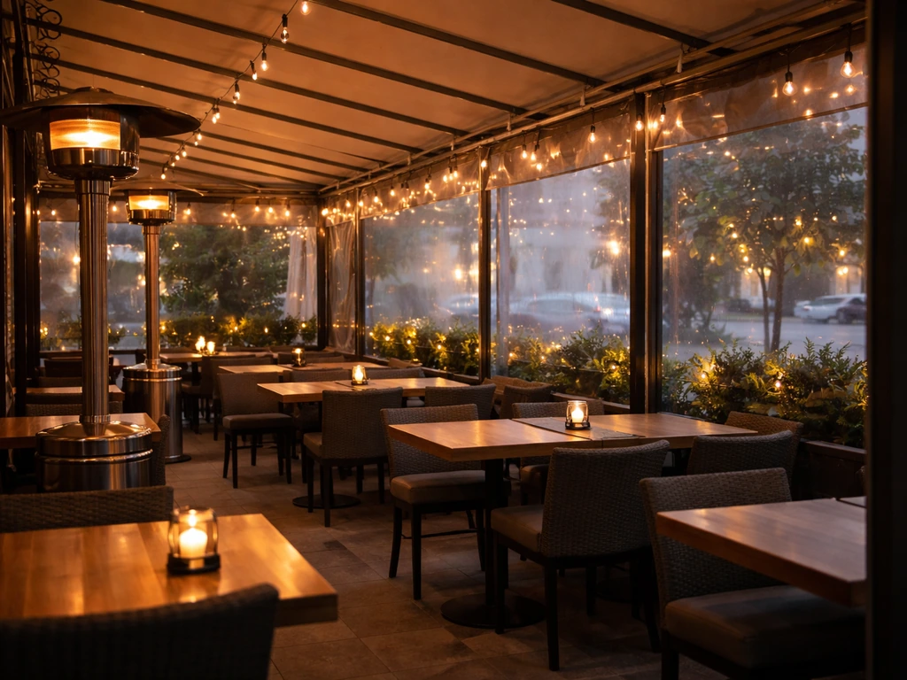 Covered restaurant patio with heaters and cozy dining setup in Andersonville, Chicago