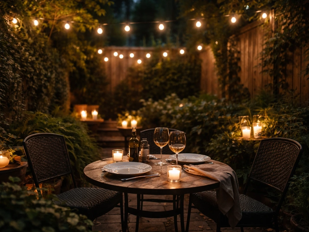 Intimate enclosed candlelit patio garden at Fiya, Chicago, set for a romantic date night