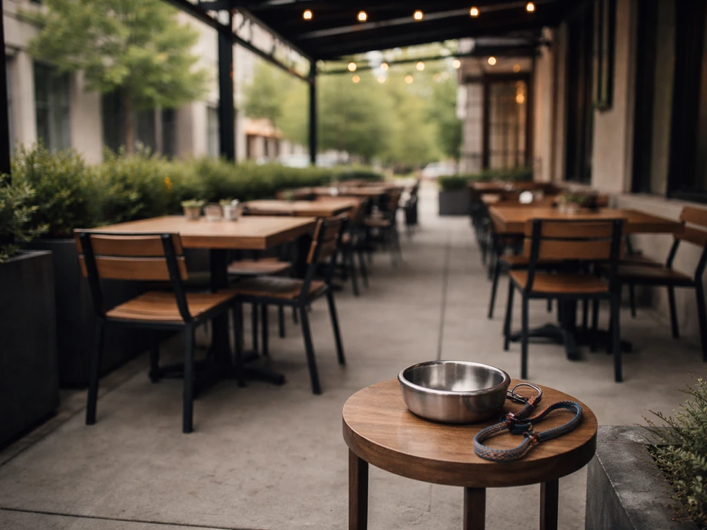 Covered restaurant patio with visible seating and a metal water bowl for dogs