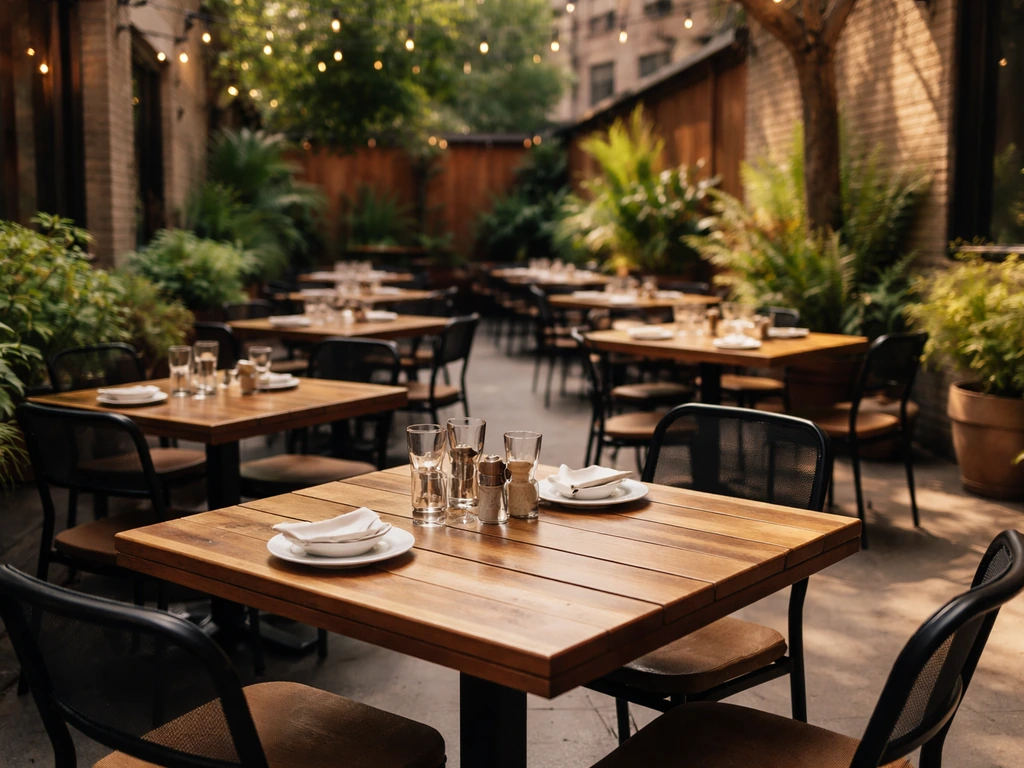 Daytime brunch patio with outdoor tables and chairs at a Chicago-style restaurant