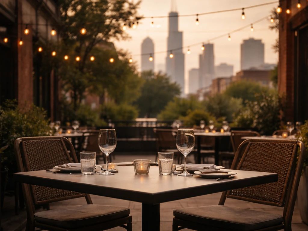 Golden-hour view of a West Loop Chicago patio with string lights, skyline backdrop, and set tables for drinks.
