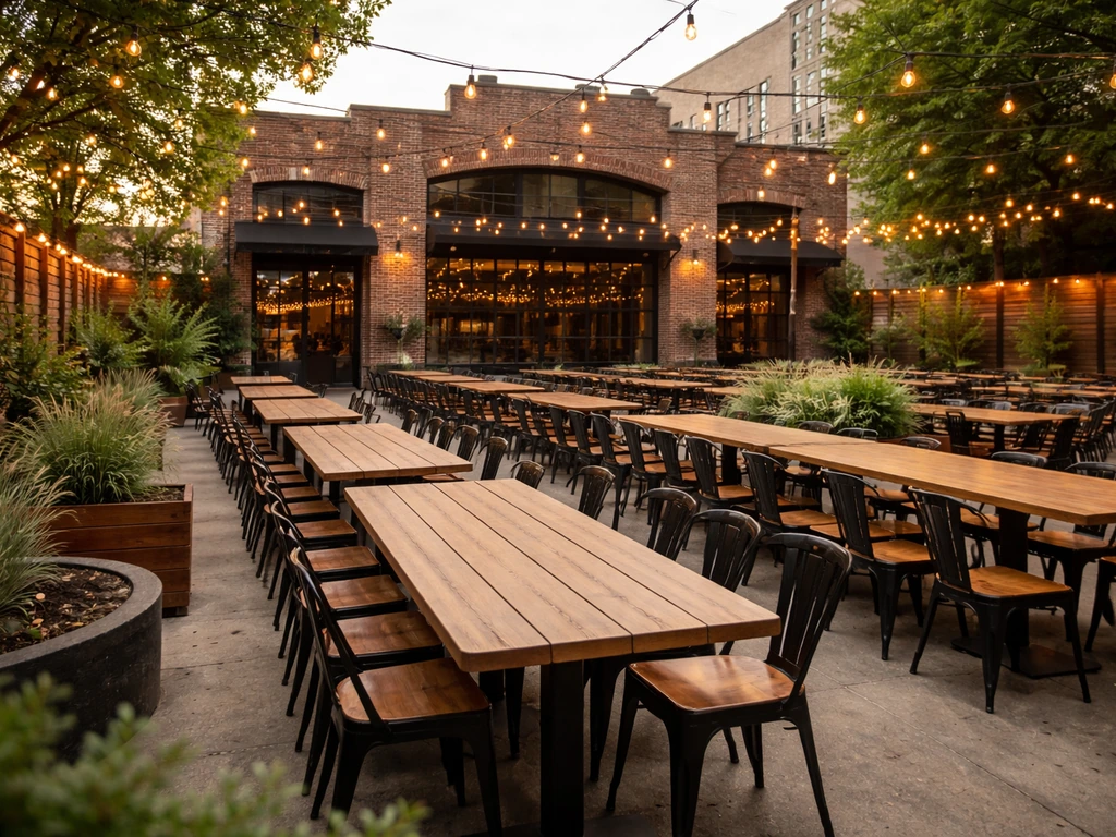 West Loop beer-garden patio with long communal tables and warm lights in front of a brick venue entrance.