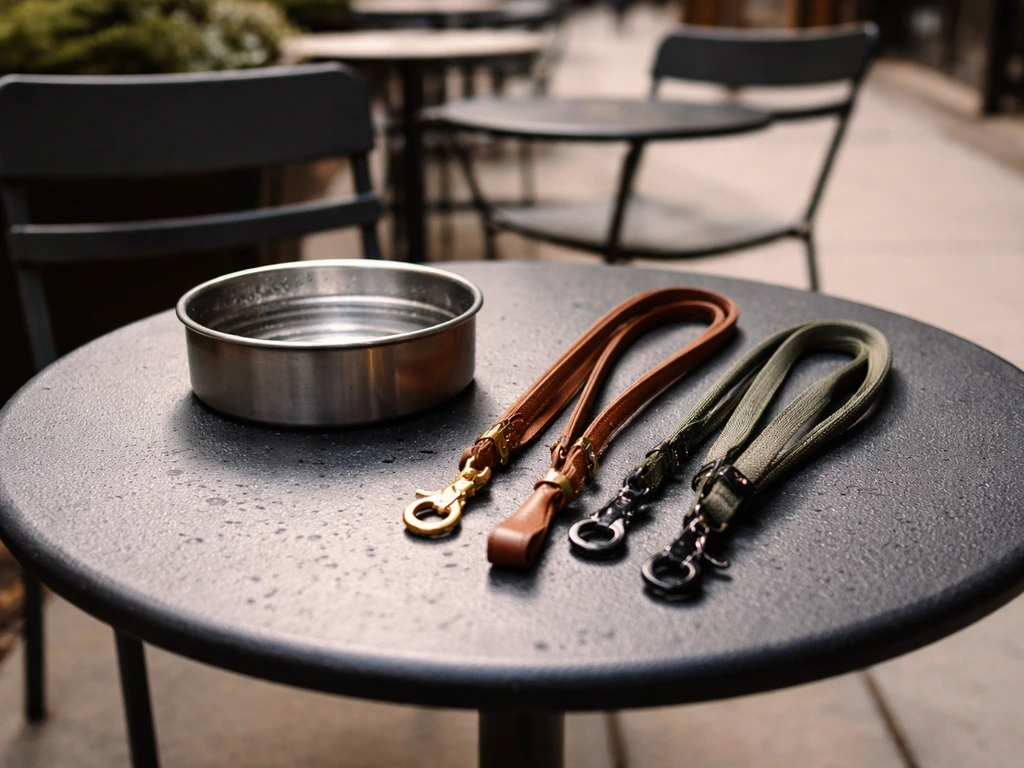 Dog leashes and a water bowl on a patio table, inviting a dog-friendly outdoor seating moment.