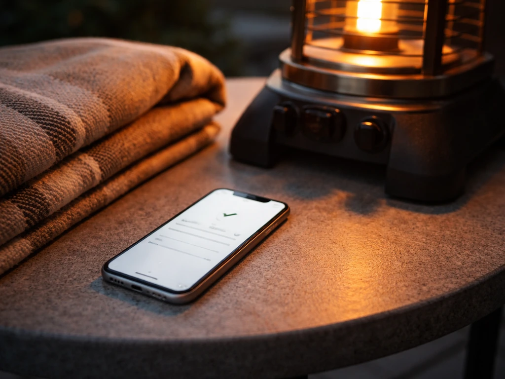 Closeup of a phone with a reservation confirmation beside a blanket and a patio heater controls.