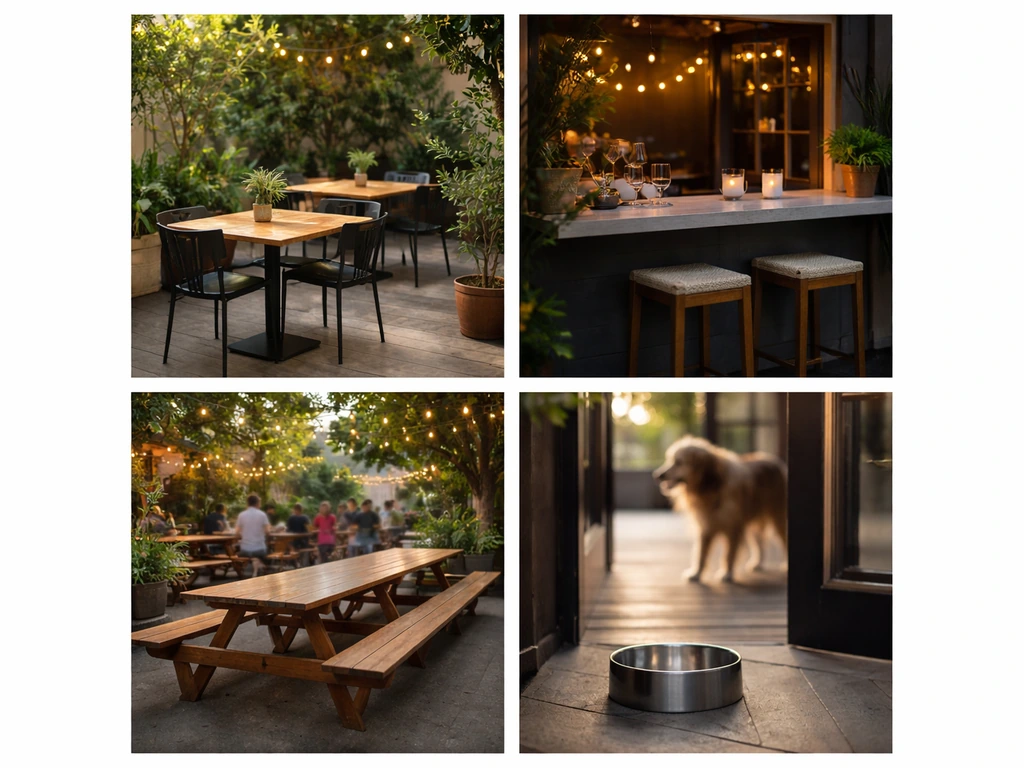 Four-panel collage of patio scenes in Sioux Falls: dining tables, bar-style seating, brewery vibe, and a dog water bowl.