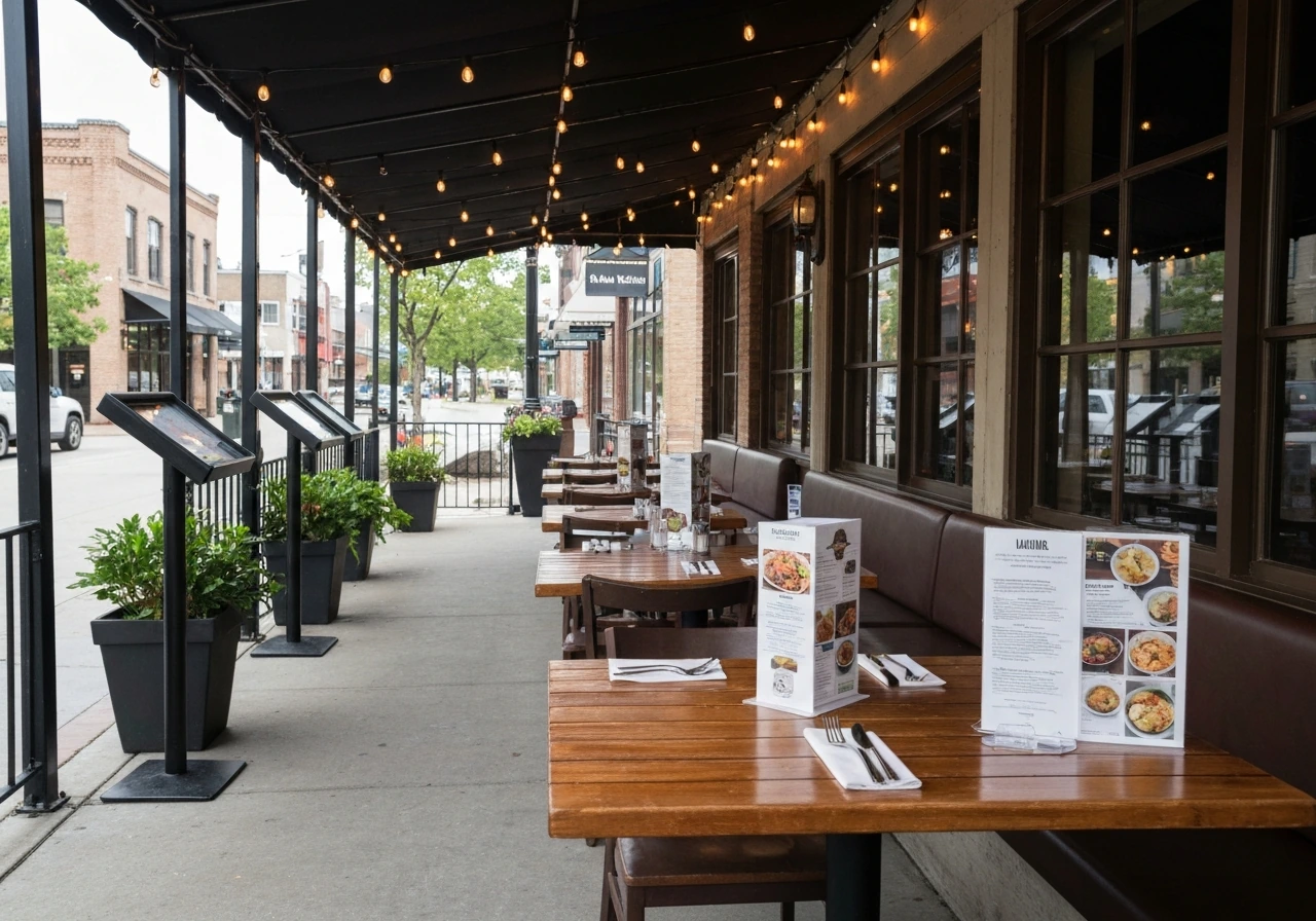 Covered outdoor dining patio with wooden tables, string lights, and potted plants for lunch.