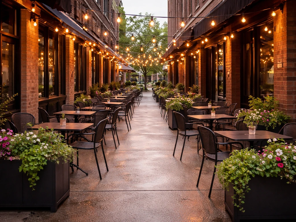 Patio walkway on Phillips Avenue downtown Sioux Falls with multiple storefronts and warm evening ambiance.