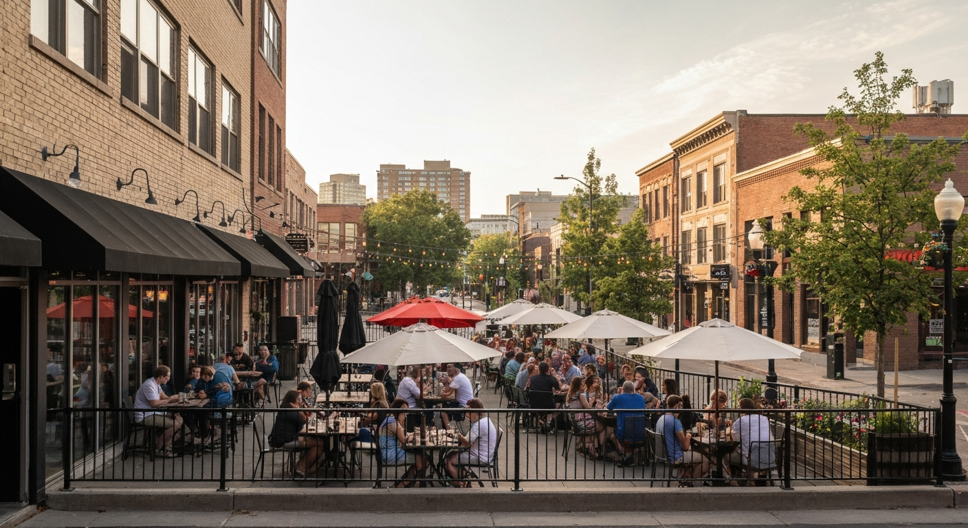 Sunny Calgary patio scene with people dining at outdoor tables, string lights and trees lining the street.
