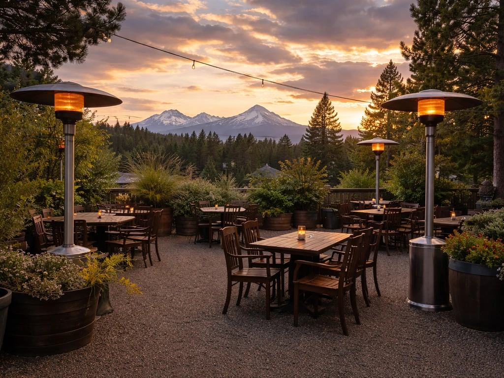 Inviting Bend patio with warm heaters and mountain backdrop at golden hour.