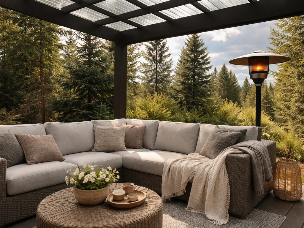 Covered Bend patio showing shaded area and subtle weather protection with a glowing outdoor heater.