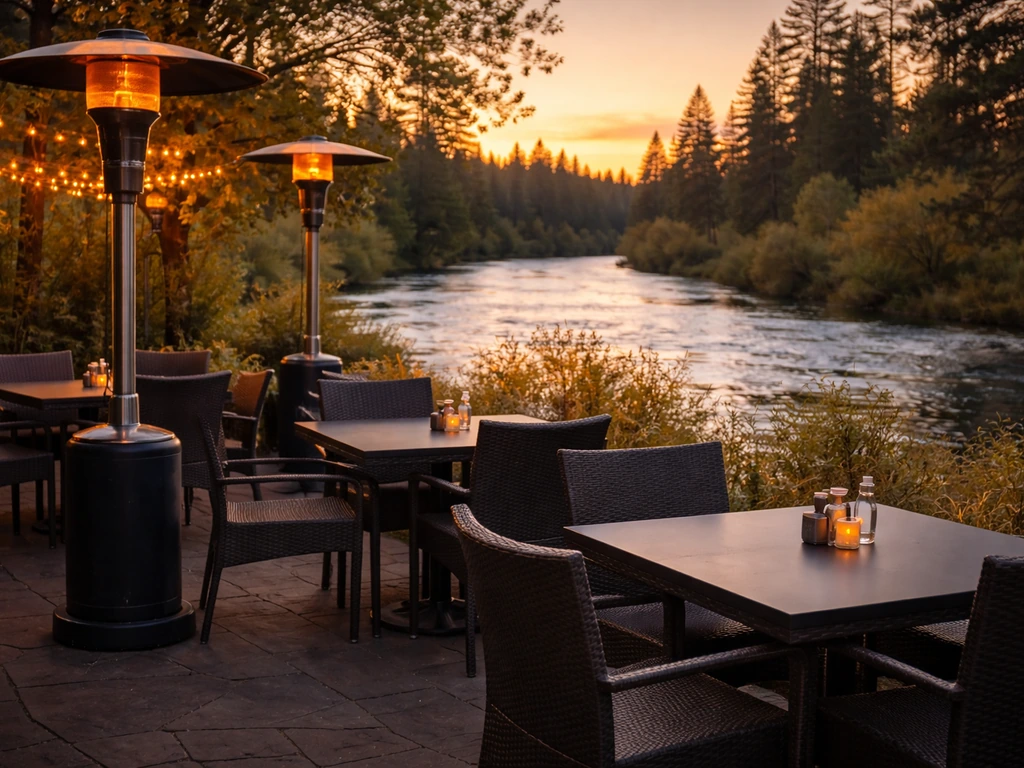 Heated patio at Currents at The Riverhouse at golden hour, overlooking the Deschutes River in Bend, Oregon.