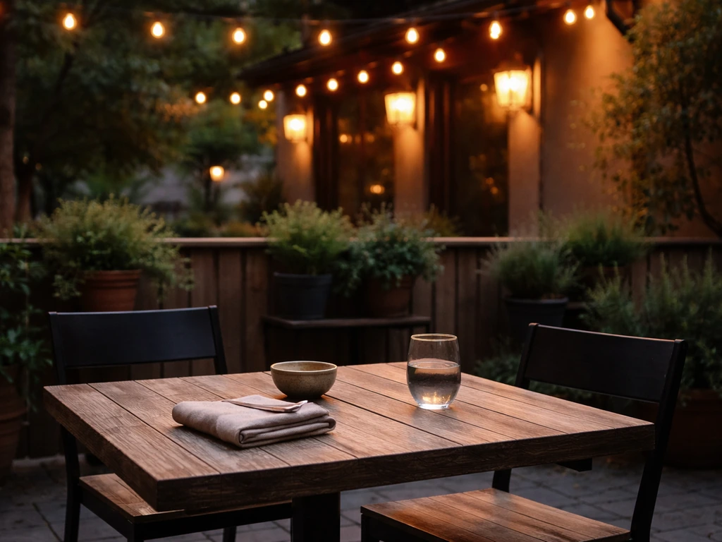 Quiet outdoor patio table with warm string lights and potted greenery at an Oregon restaurant in the evening
