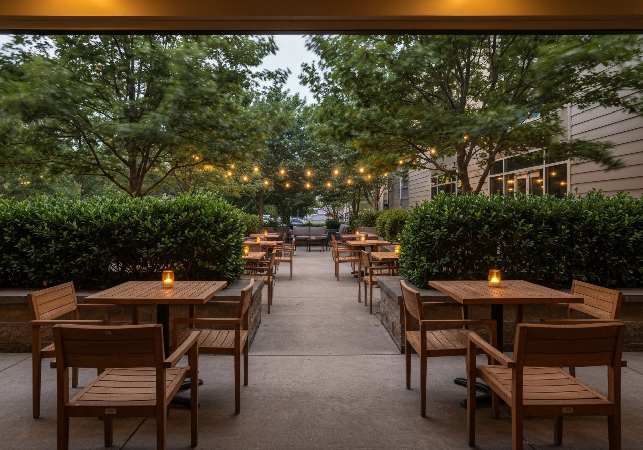 Wide view of a cozy patio dining area with lush greenery and warm string lights at night.