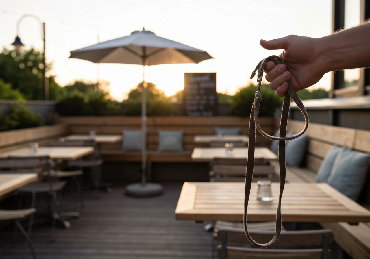 Hand holding a leash beside a quiet patio seating area with simple shade cues