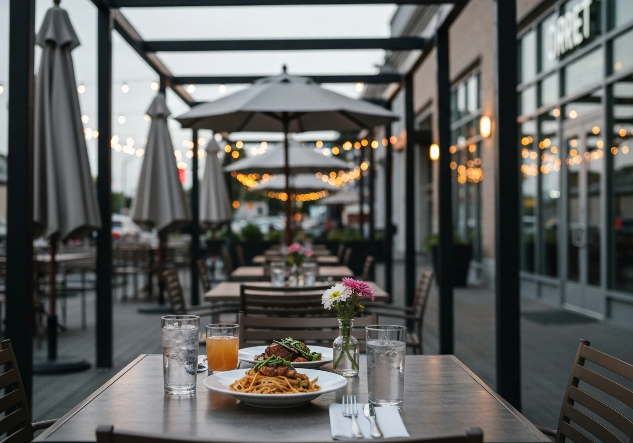 Outdoor restaurant patio table with plated meal, clear drinks, and umbrella shade at dusk.