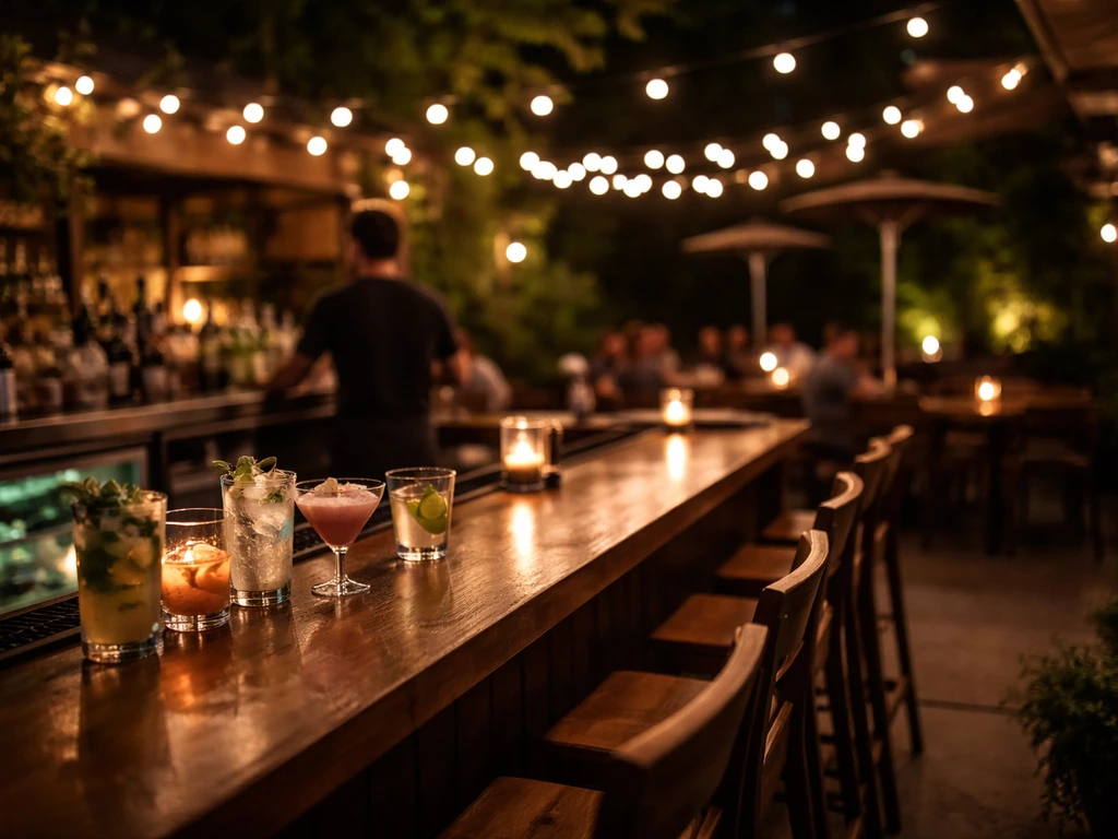 Warm-lit cocktail patio in Prairie Village at night with string lights and bar seating