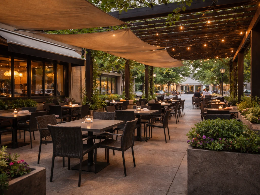 Evening view of a street-facing Overland Park restaurant patio with real shade and neatly arranged tables